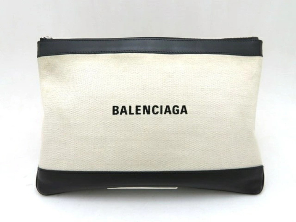 Balenciaga Bag Clutch Navy Blue Clip Canvas Calfskin Ivory White Black